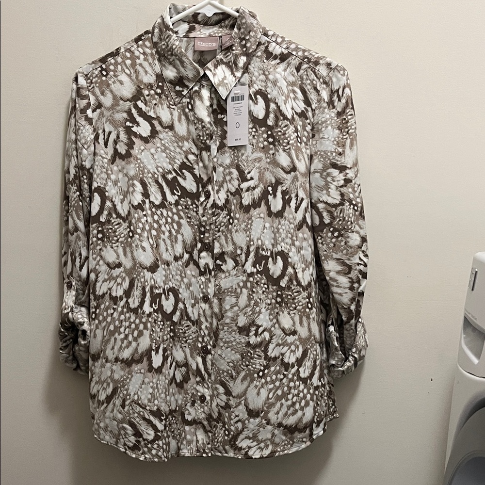 Chico's Brown and Cream Patterned Women's Button-Down Shirt